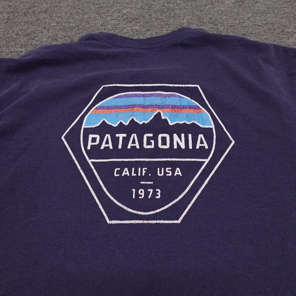Patagonia Shirt Mens Medium Blue Calif USA 1973 Back Logo Graphic Tee Tagless